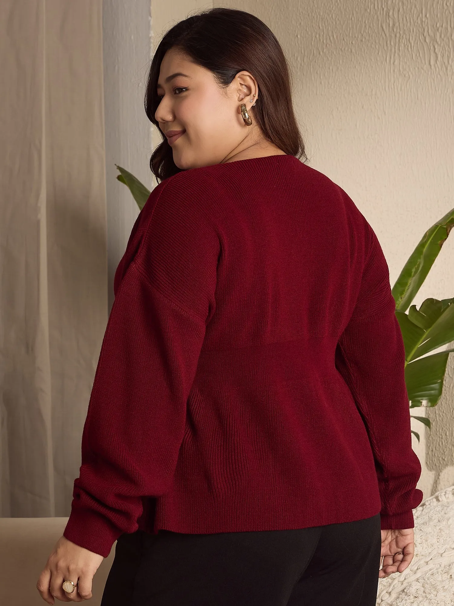 Berrylush Curve Women Solid Maroon V-Neck Drop-Shoulder Acrylic Curved Hem Peplum Pullover