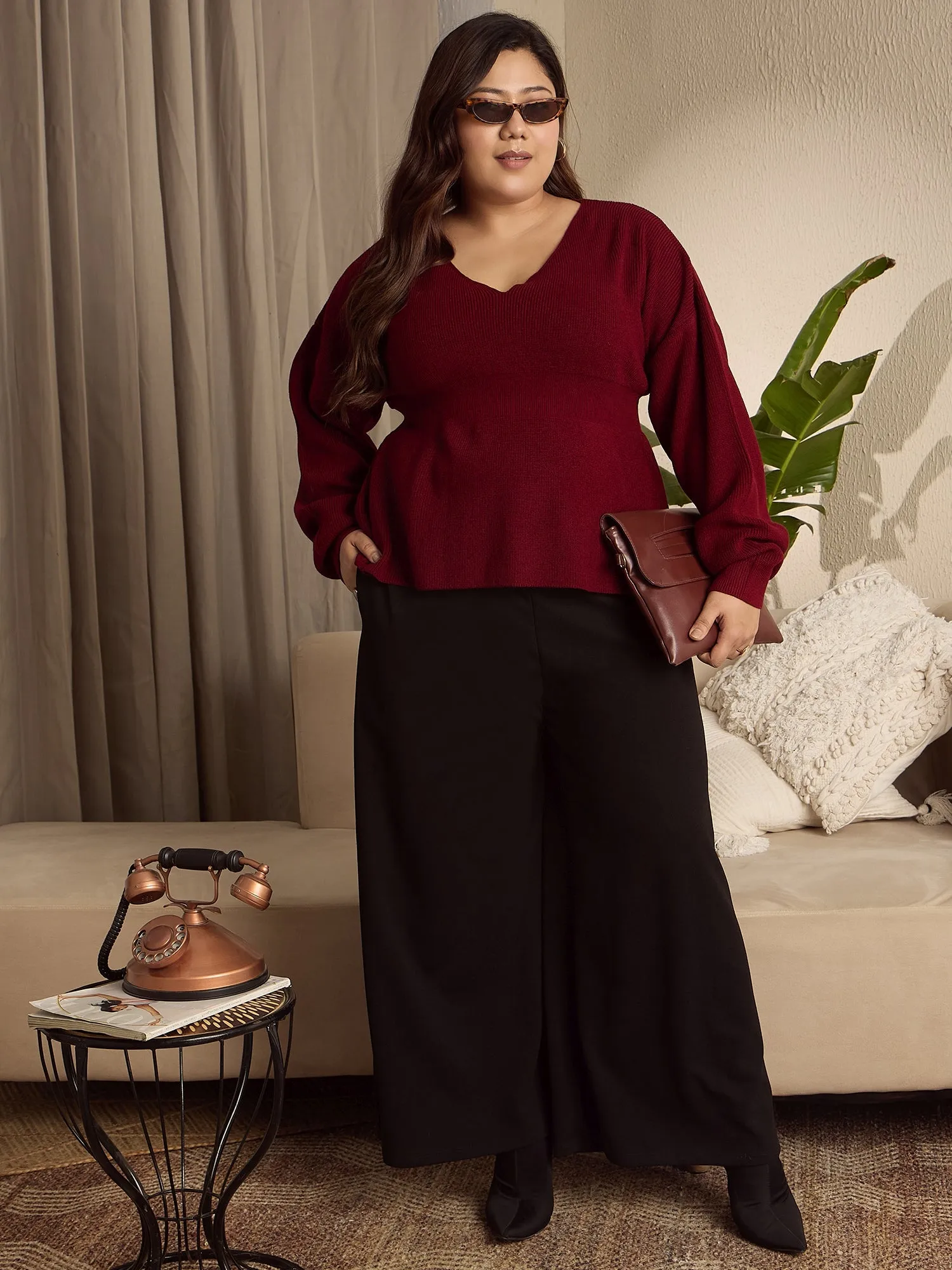 Berrylush Curve Women Solid Maroon V-Neck Drop-Shoulder Acrylic Curved Hem Peplum Pullover