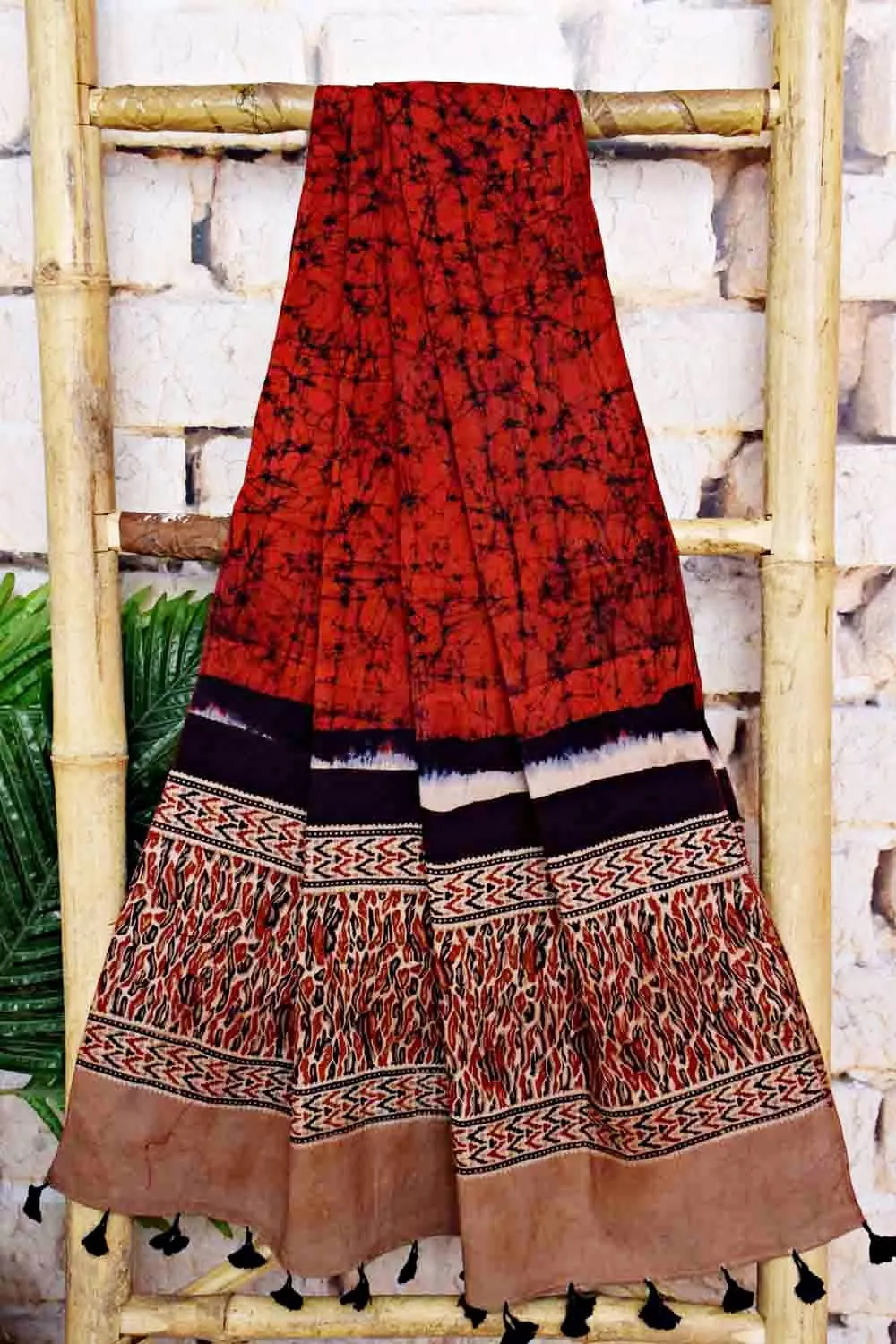 Brown-Red Ajrakh with Batik Unstitched Suit
