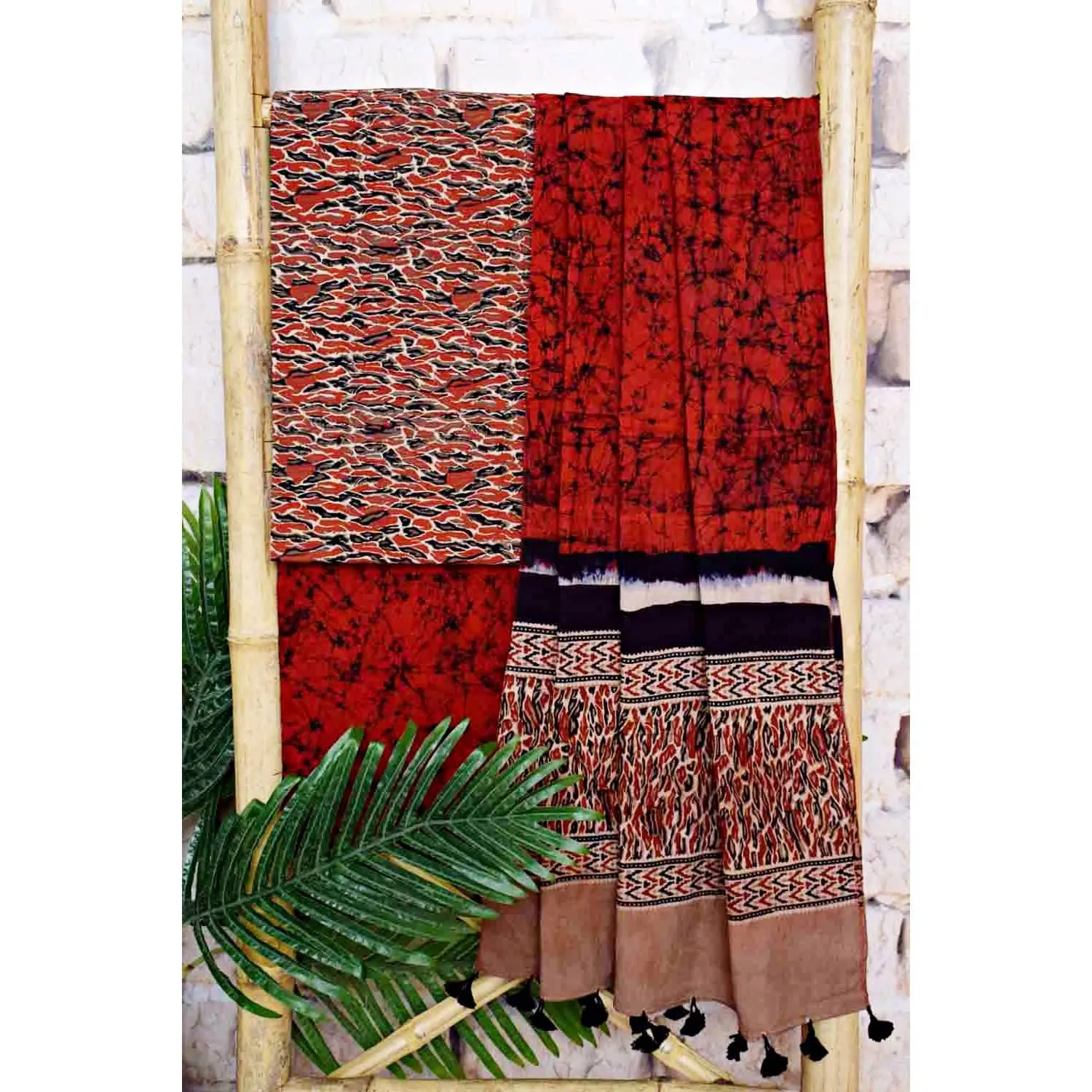 Brown-Red Ajrakh with Batik Unstitched Suit