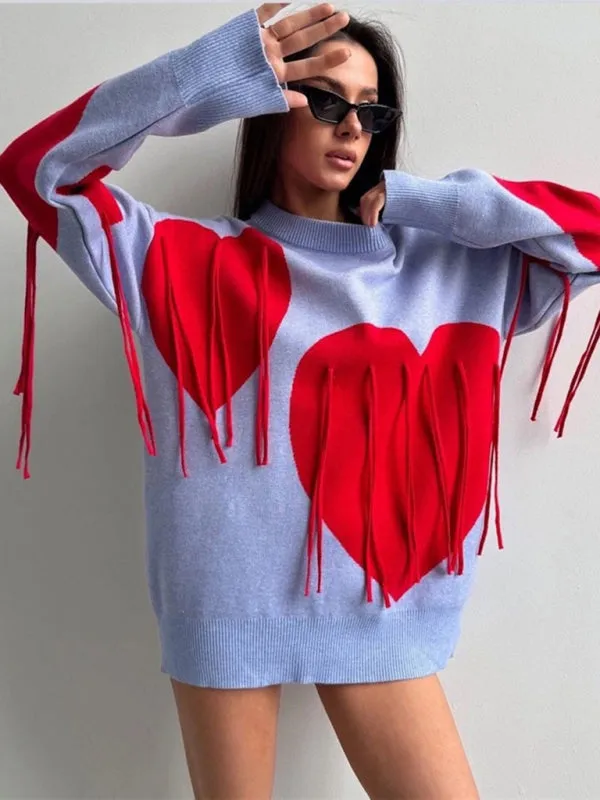 Comfy Fringe Tassel Sweater with Heart Print