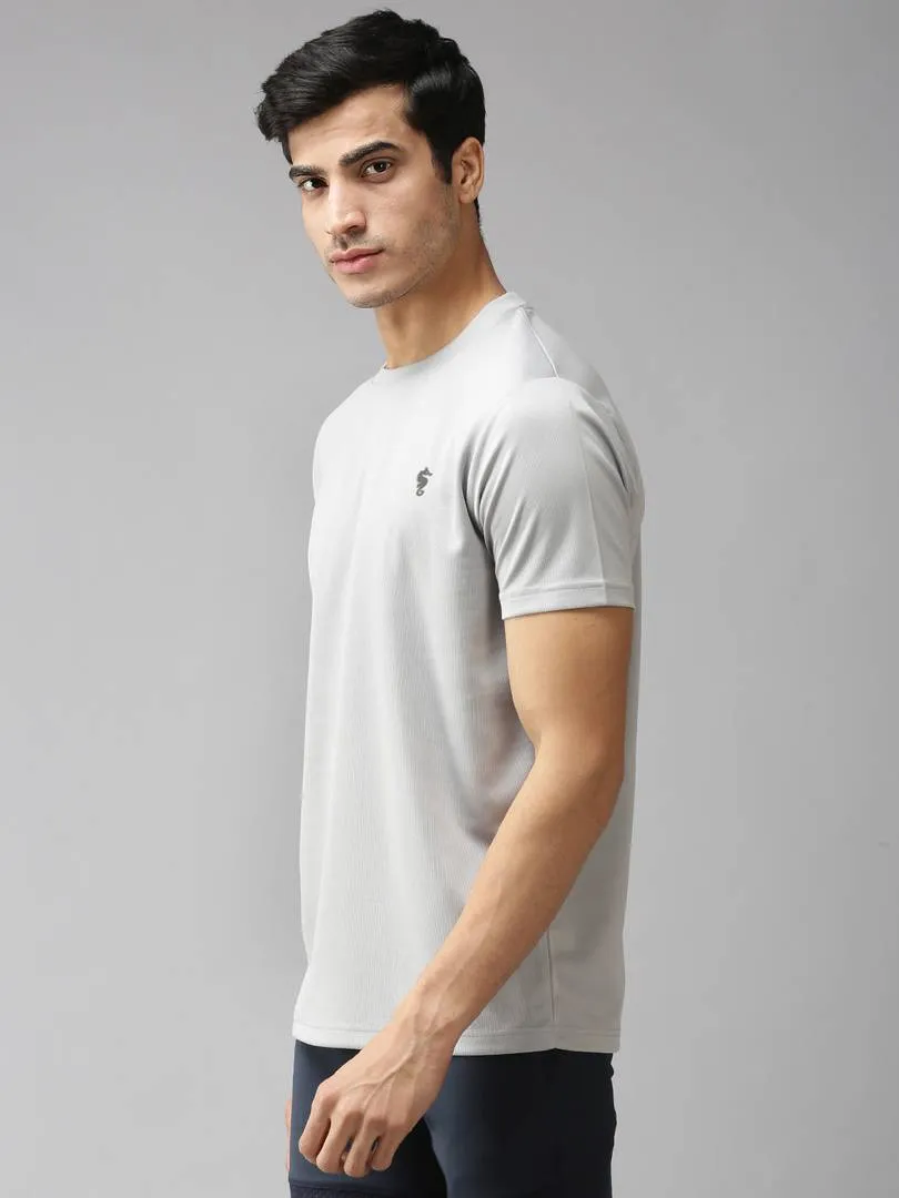 Grey Solid Polyester Round Neck Tees