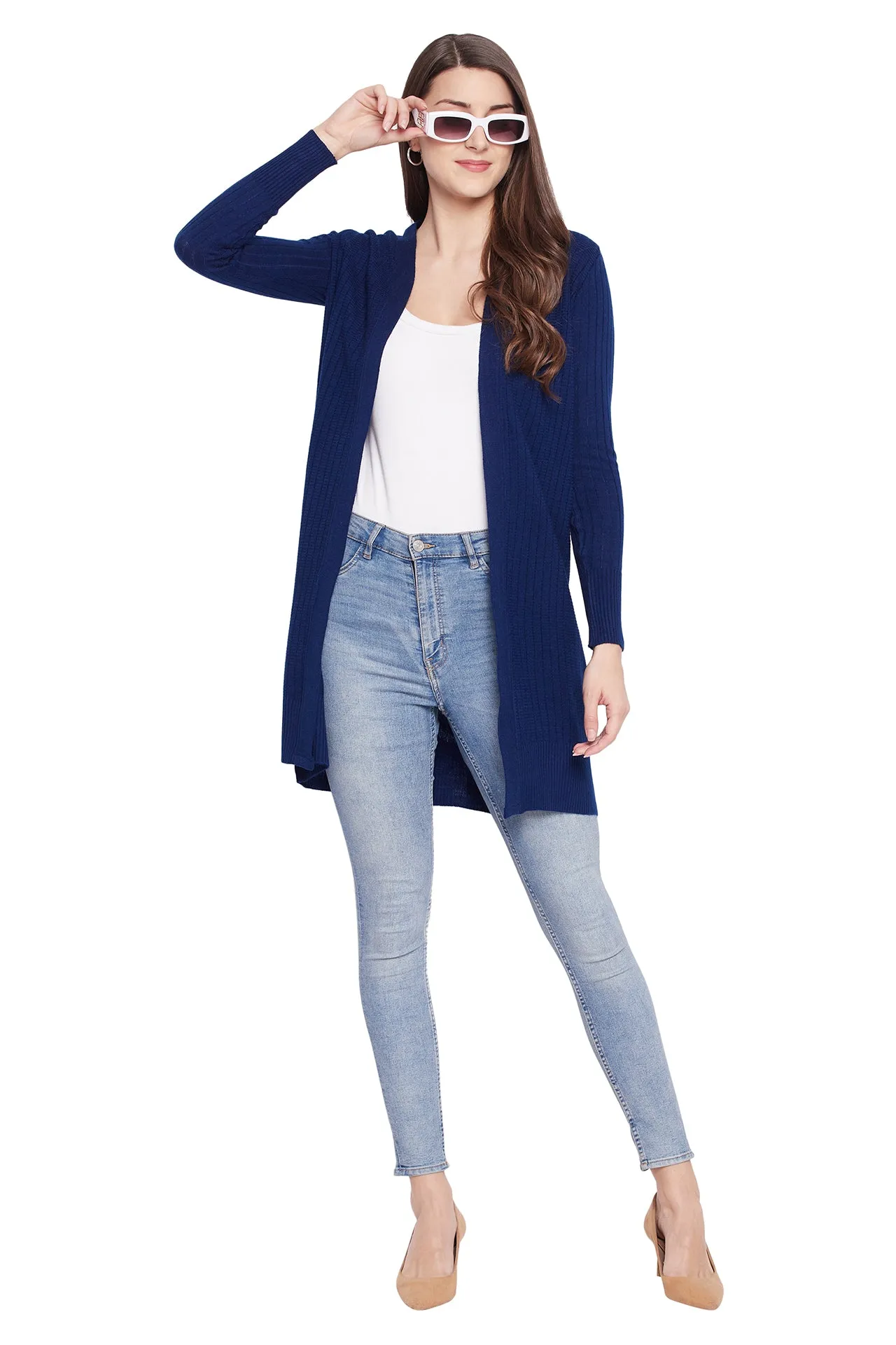JUMP USA Women Navy Solid Longline Open Front Shrug