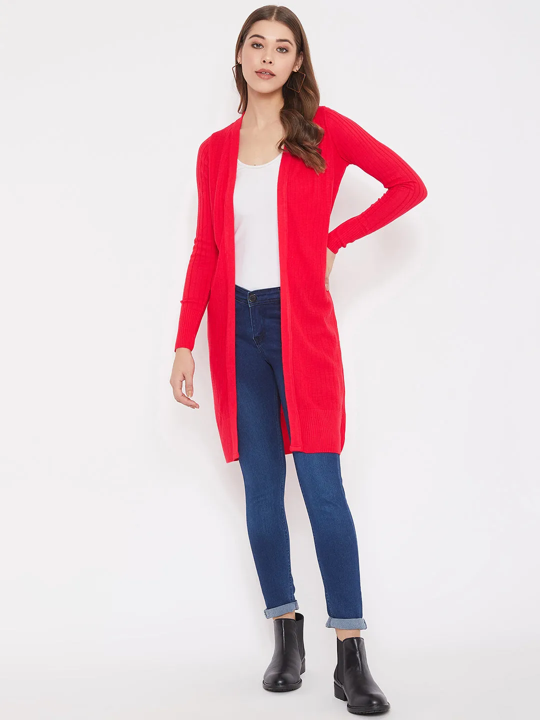 JUMP USA Women Solid Longline Open Front Shrug