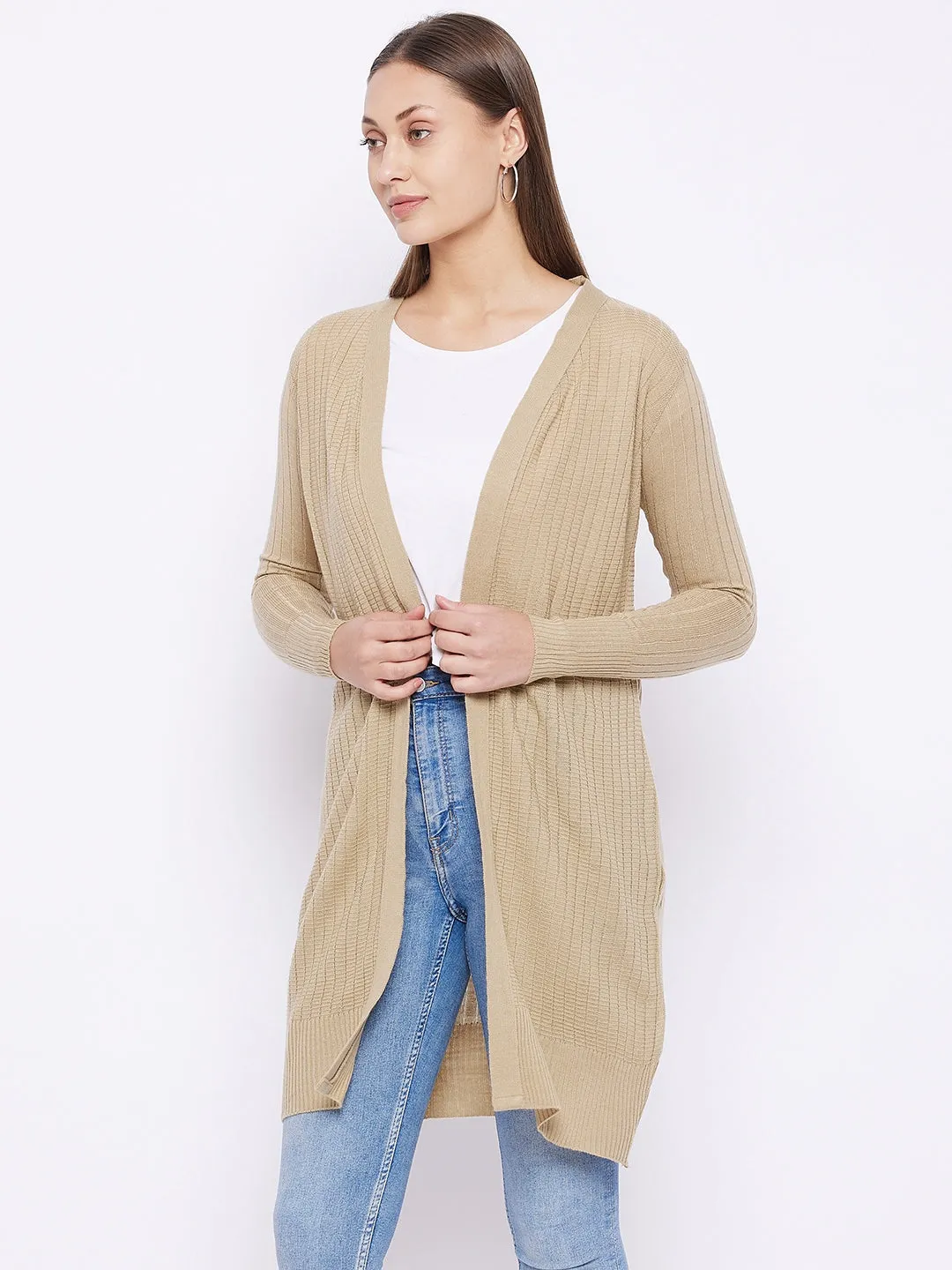JUMP USA Women Solid Longline Open Front Shrug