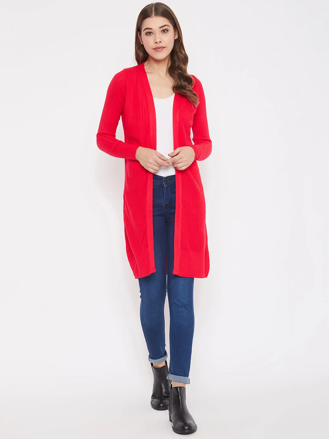 JUMP USA Women Solid Longline Open Front Shrug