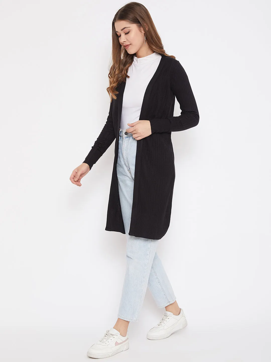 JUMP USA Women Solid Longline Open Front Shrug