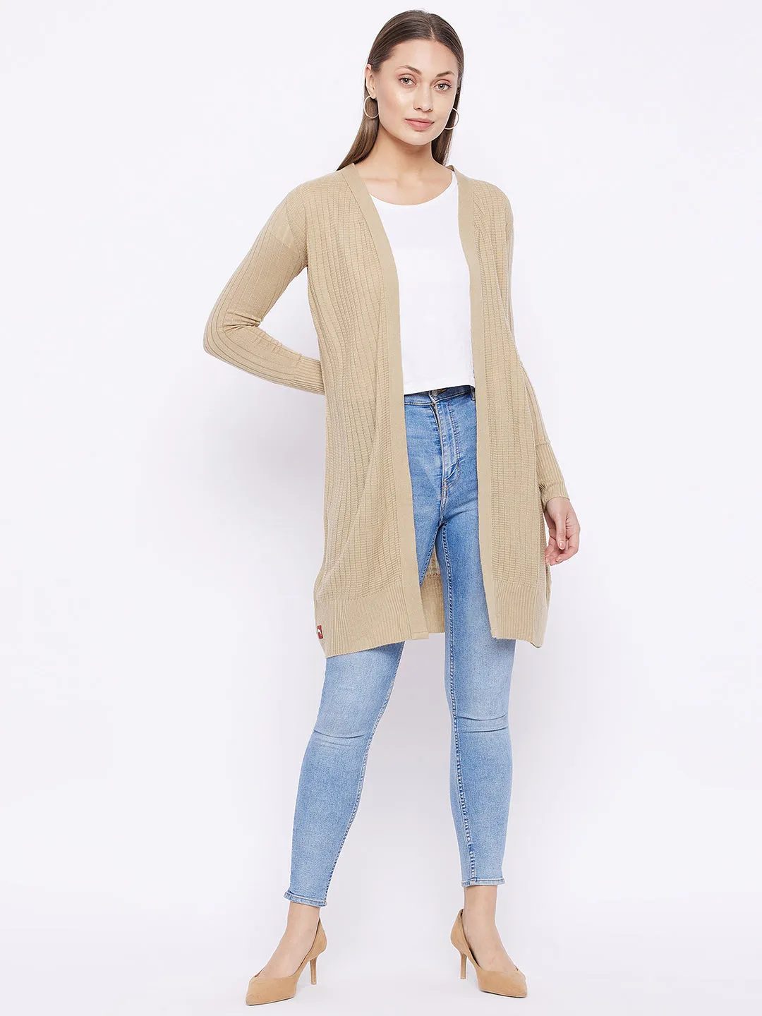 JUMP USA Women Solid Longline Open Front Shrug