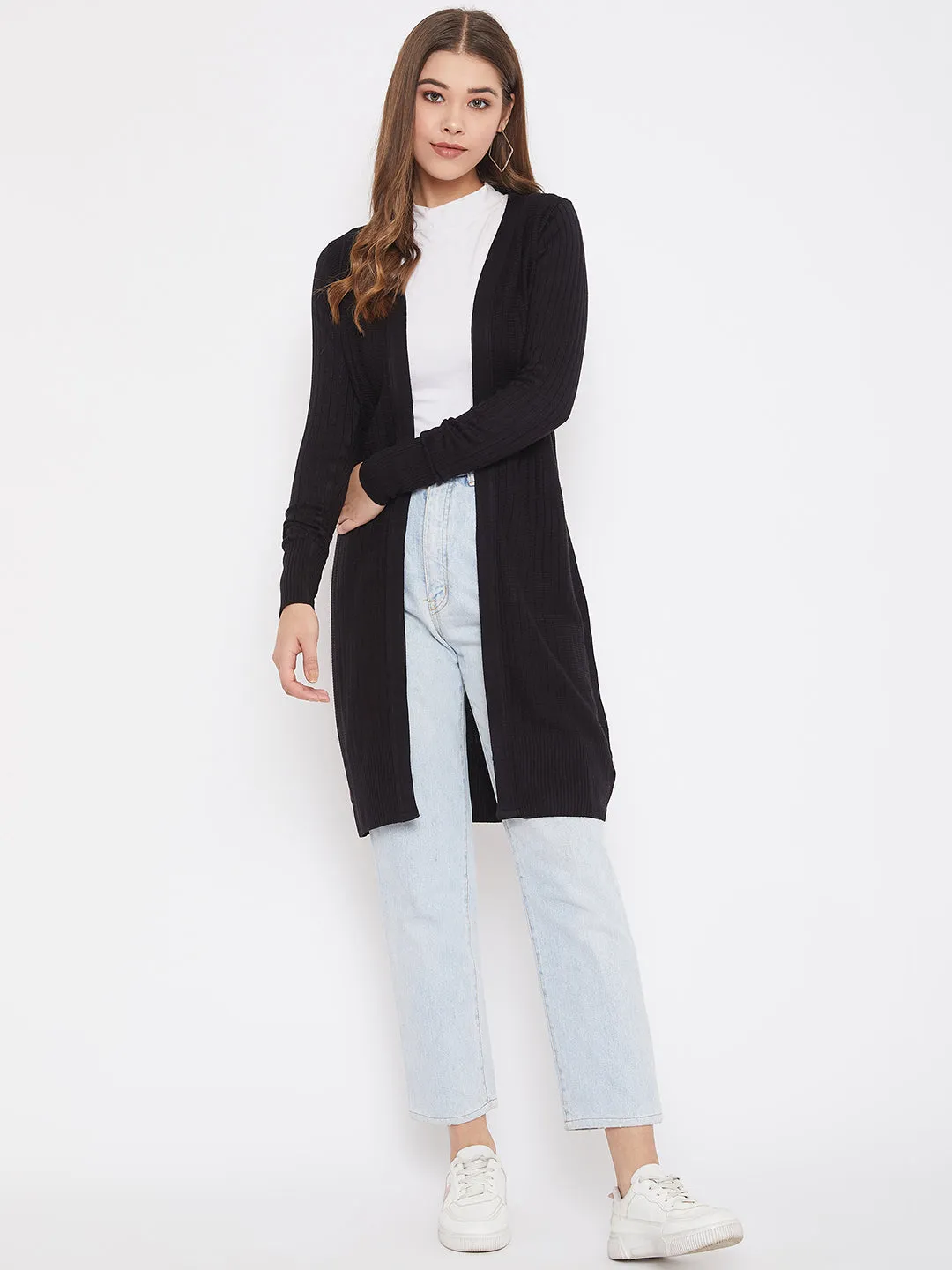 JUMP USA Women Solid Longline Open Front Shrug
