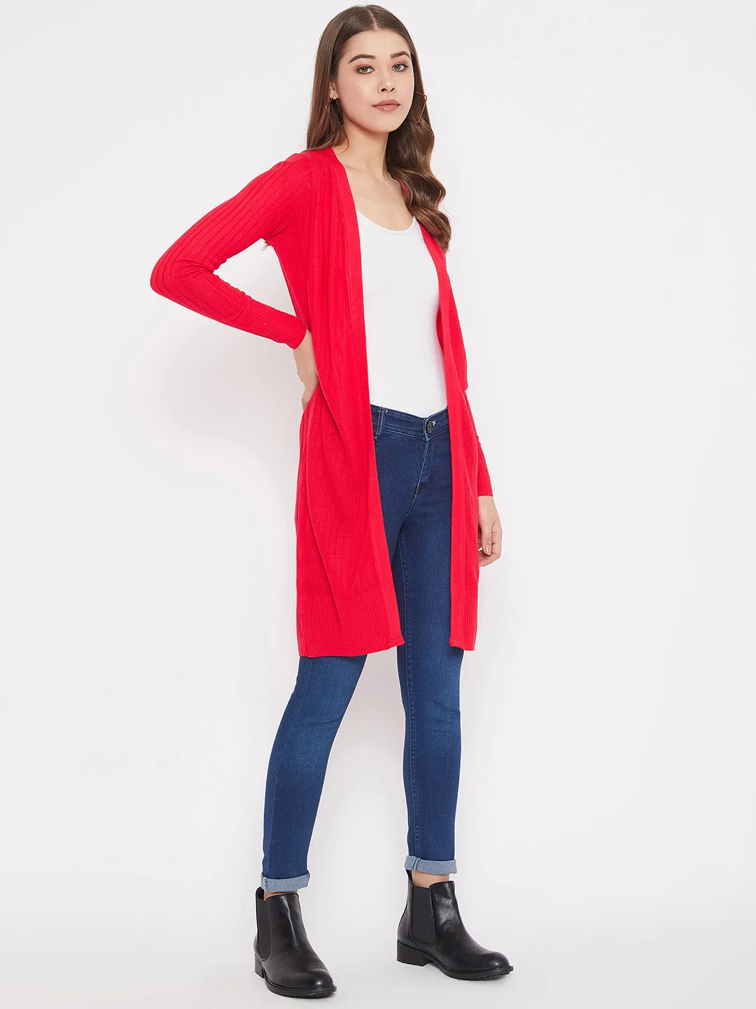 JUMP USA Women Solid Longline Open Front Shrug