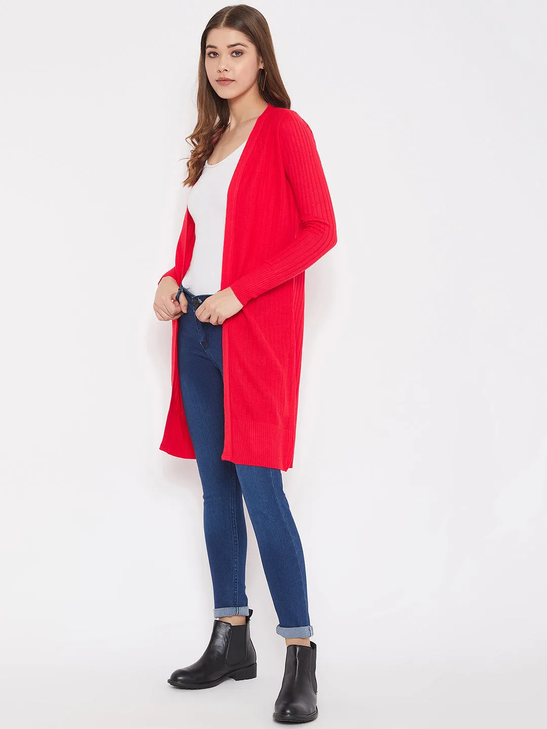 JUMP USA Women Solid Longline Open Front Shrug