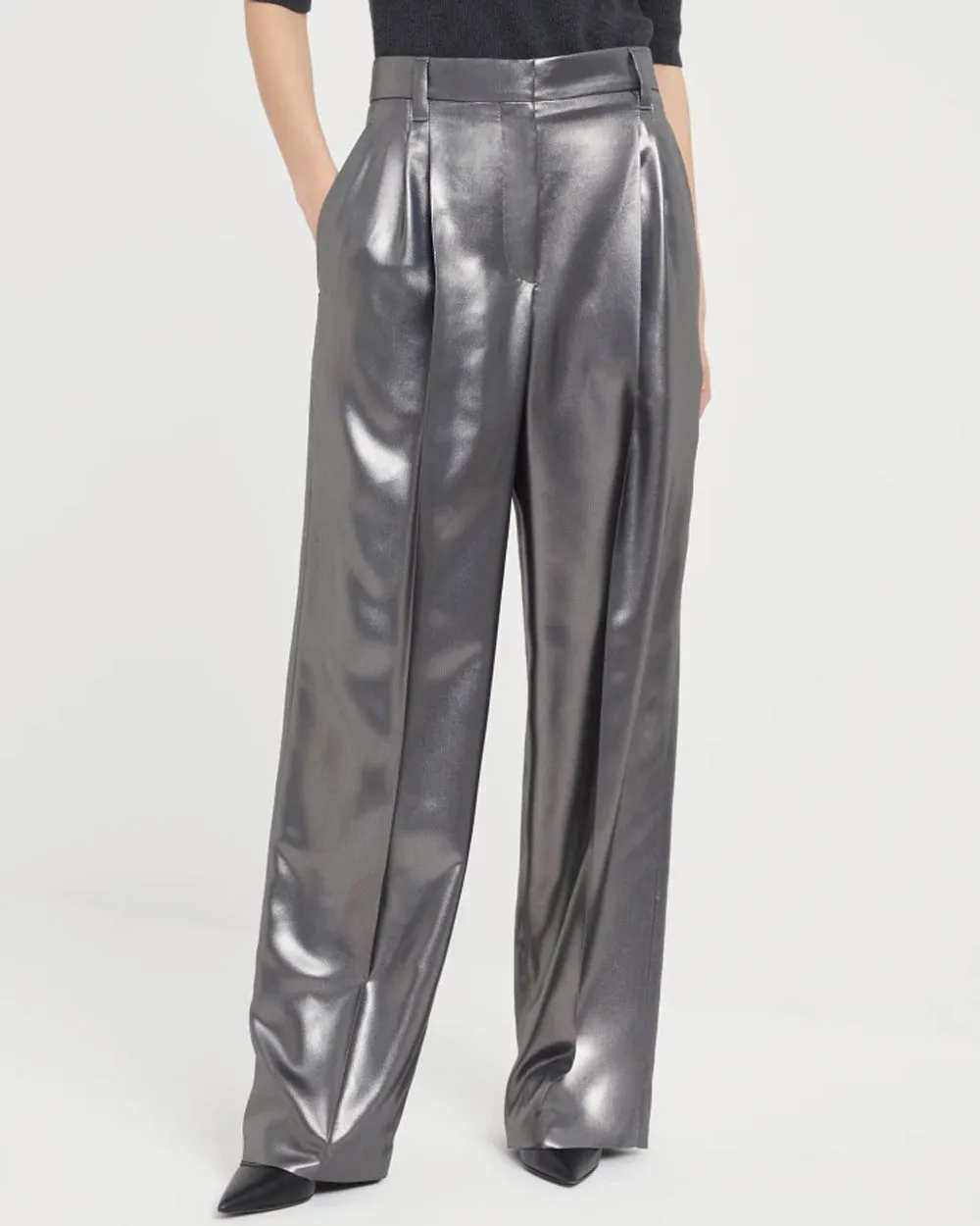 Metallic Silver Fluid Silk Pant