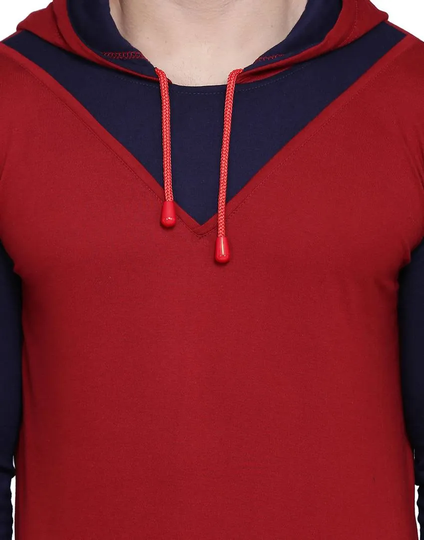 Stylish Cotton Blend Maroon Solid Hooded T-shirt For Men