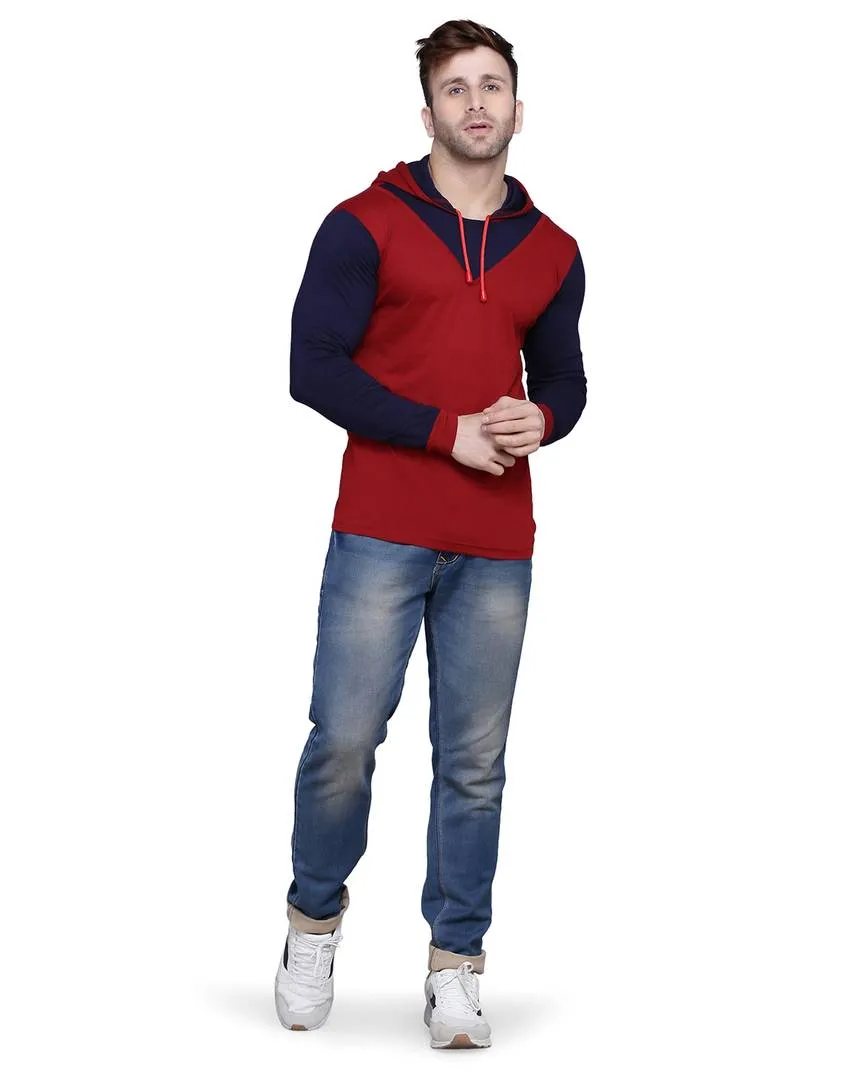 Stylish Cotton Blend Maroon Solid Hooded T-shirt For Men