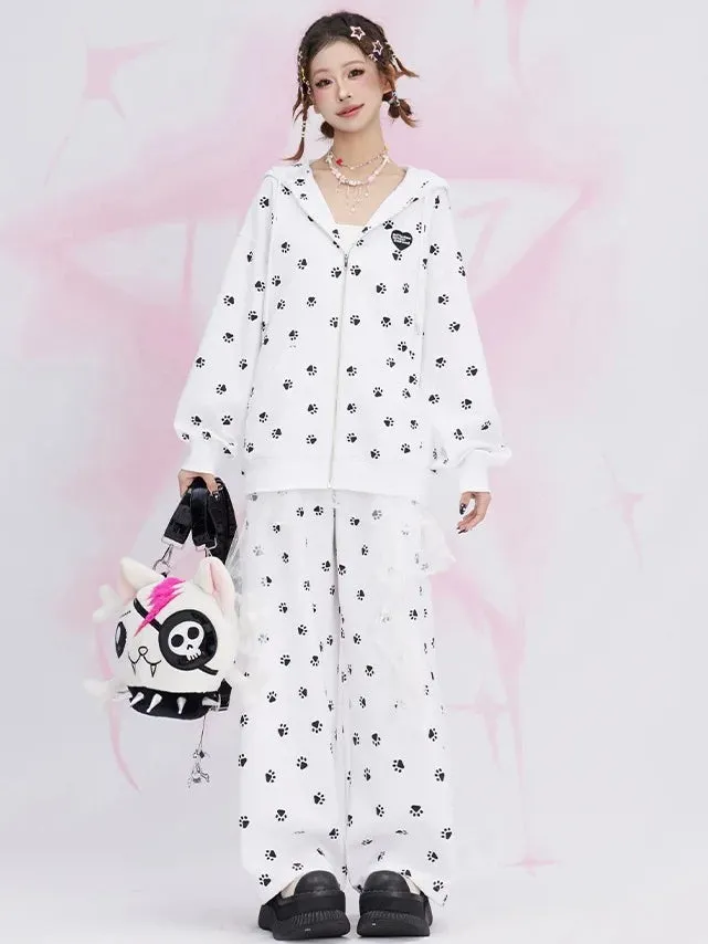 White Cat Paws Allover Straight-leg Cut Casual Pants