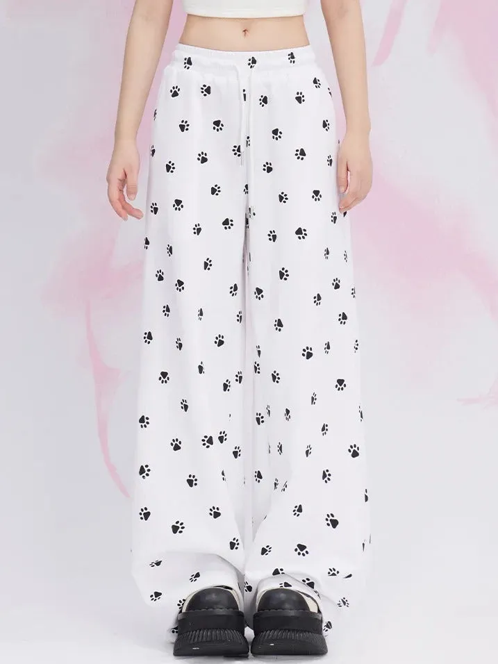 White Cat Paws Allover Straight-leg Cut Casual Pants