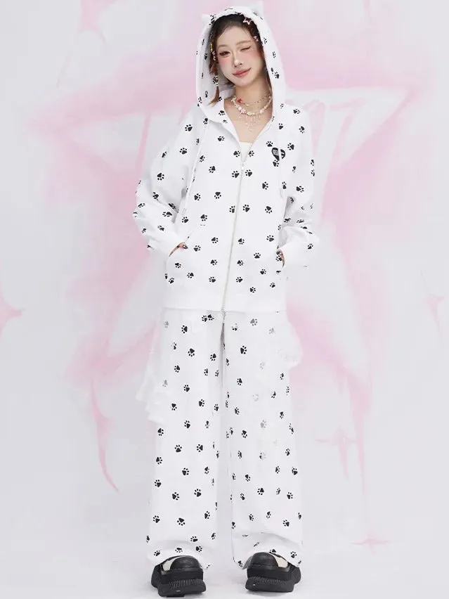White Cat Paws Allover Straight-leg Cut Casual Pants