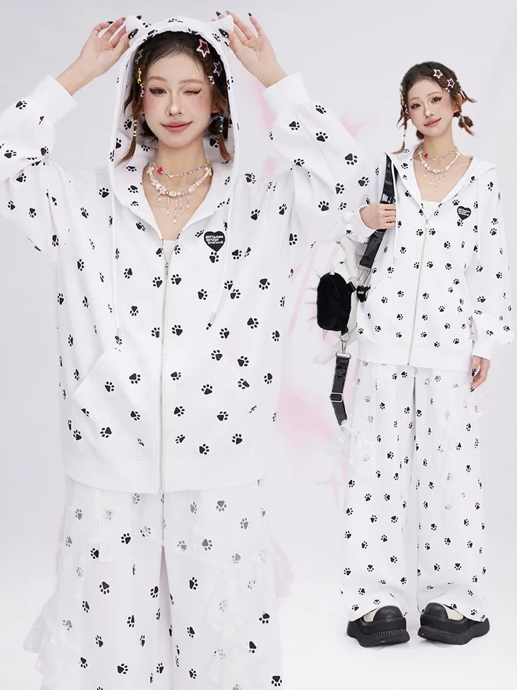 White Cat Paws Allover Straight-leg Cut Casual Pants