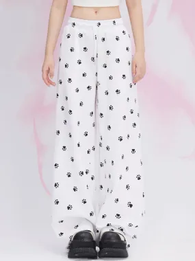White Cat Paws Allover Straight-leg Cut Casual Pants